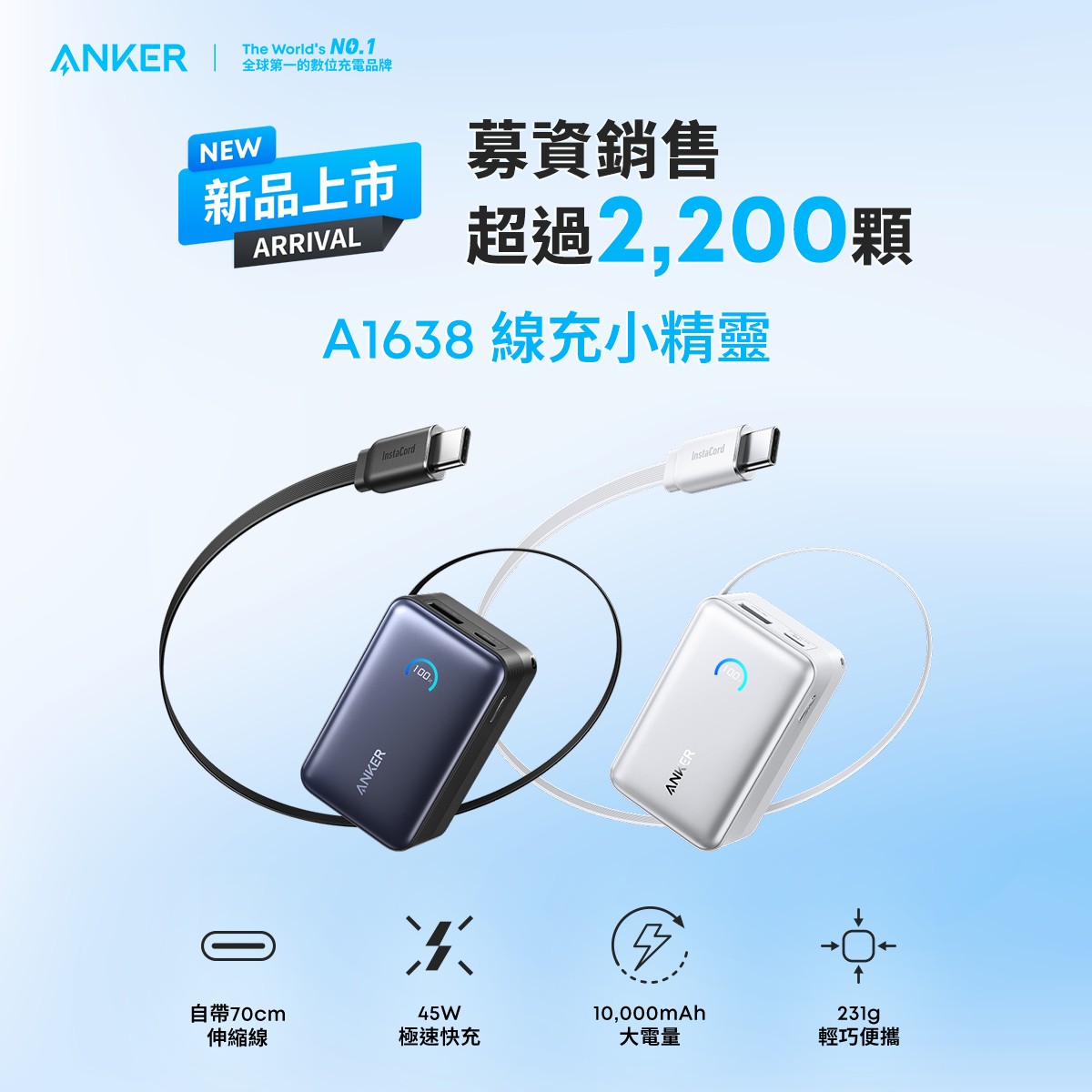 Anker A1638 10000mAh 45W 自帶 70cm 伸縮線行動電源官方產品圖，黑白雙色，重量 231 公克，適合大陸自由行