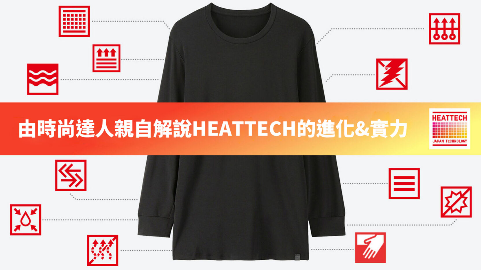 UNIQLO HEATTECH 吸濕發熱衣官方素材，標示發熱、保濕、抗菌等機能，說明哈爾濱穿搭底層該挑的發熱衣等級