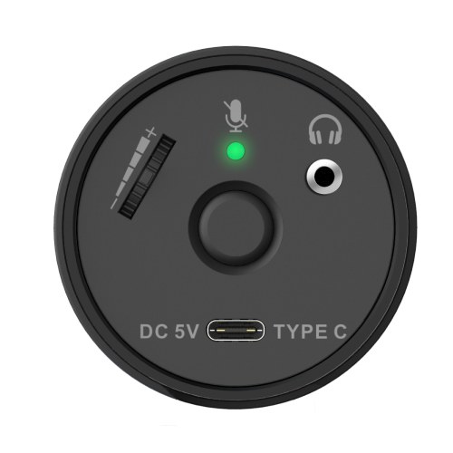 圓剛 AM310G2 VERSATI go 麥克風底部介面官方圖，可見 USB Type-C 埠、3.5mm 監聽孔與靜音指示燈