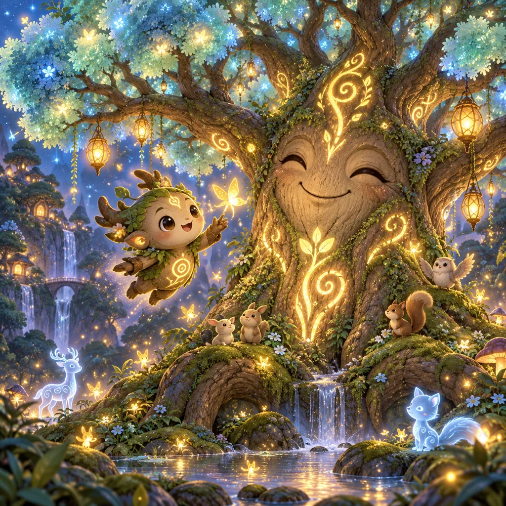 樹精守護的神秘古樹童話插圖：帶著笑臉的發光古樹與小樹精