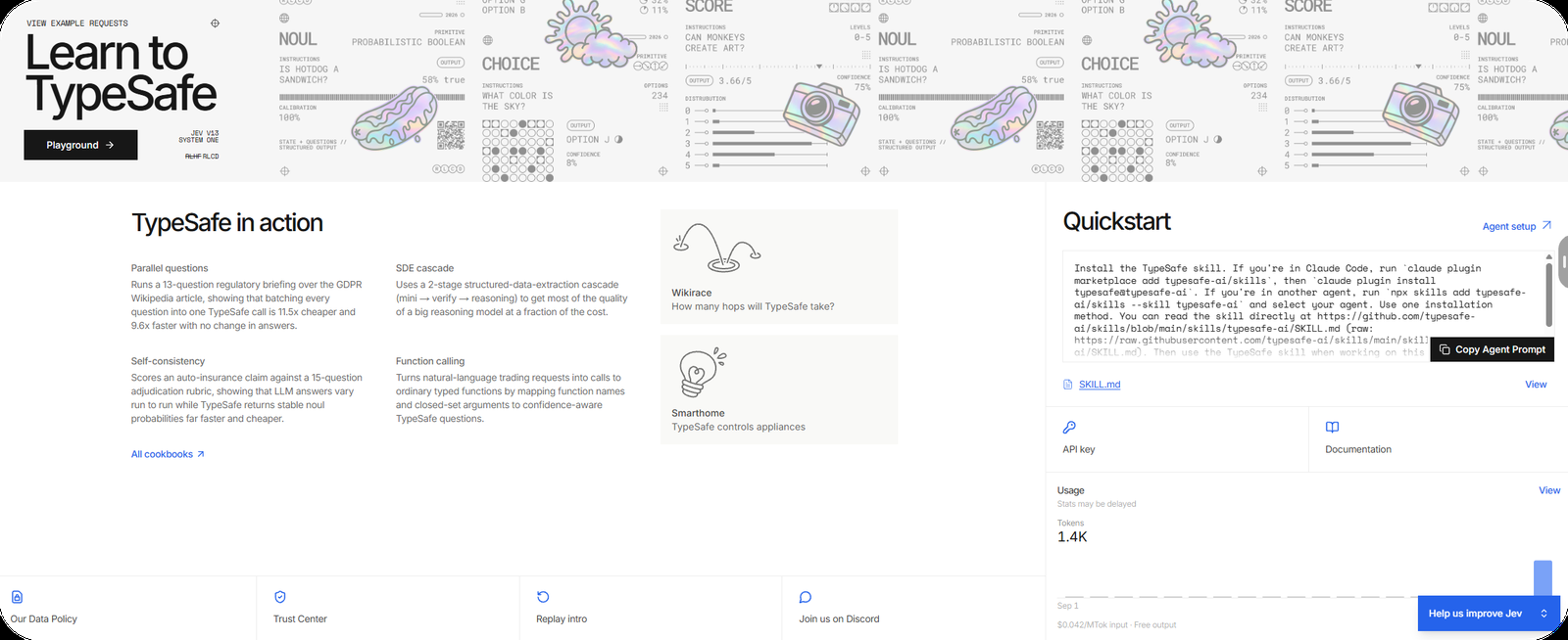 Jev 控制台 Quickstart 面板:可複製安裝提示詞給 Claude Code 或 Codex,右下顯示每 MTok 0.042 美元、輸出免費